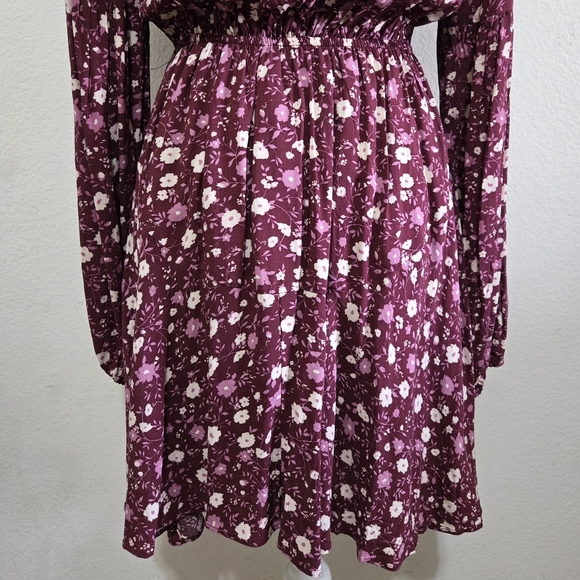 BLU PEPPER Floral Boho Mini Dress Long Balloon Sleeves Plum Purple Size Large - Picture 9 of 16